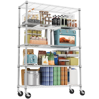 M MZG 1750LBS 47.2" W 5 Tiers Storage Shelves Metal Shelving Unit with Wheels Heavy Duty Garage Shelving Adjustable Wire Shelves for Pantry,Kitchen,Garage,Basement,Chrome 17.7" D x 47.2" W x 76.8" H