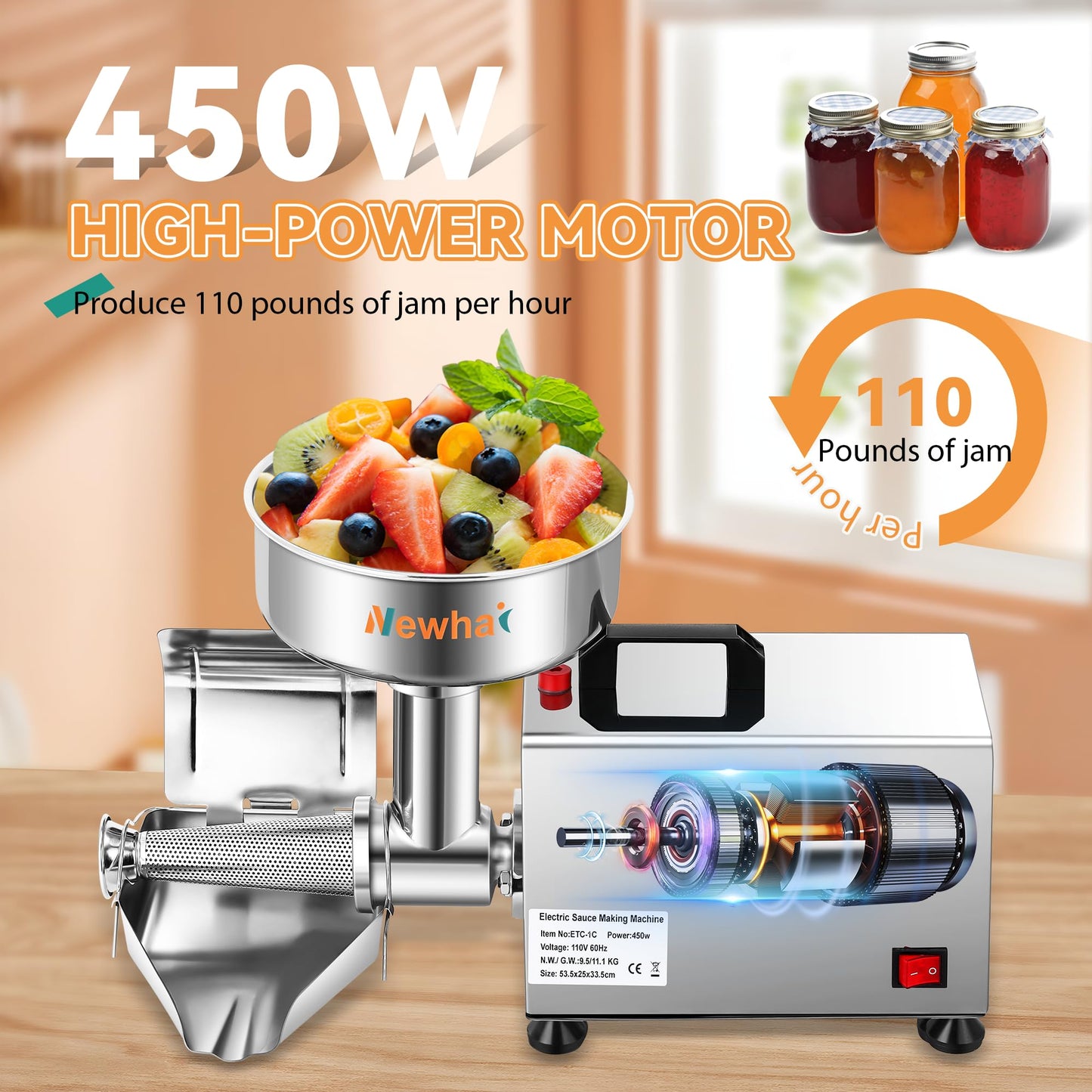 Newhai 450W Electric Tomato Strainer Commercial Tomato Milling Machine Stainless Steel Food Press Sauce Maker Food Squeezer Machine 110volt