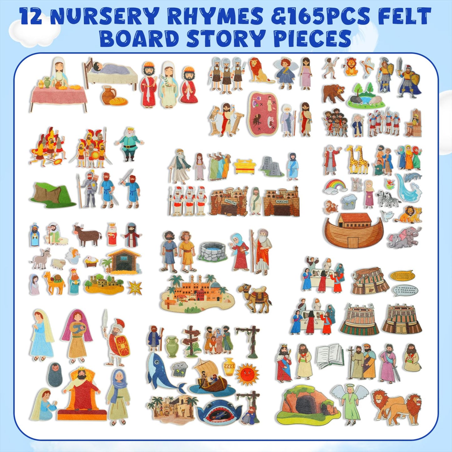 Windkream 12 Set Felt Board Stories Pieces Set Felt Animals Bible Fairy Tales for Preschool Animals Figures Flannel Board Stories for Toddlers Preschool Kindergarten Storytelling(Bible)