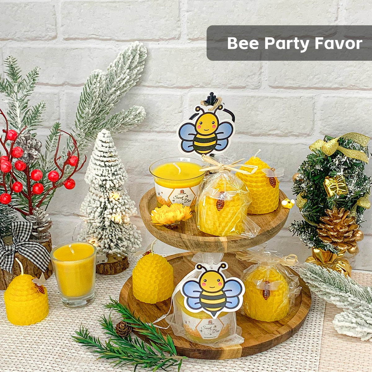 Beeswax Candles Bulk Set of 24pcs, Bee Candles with Little Bee Ornament Decors, Unscented & Dripless& Smokeless, Dia 1.77" x1.97" Each, Yellow