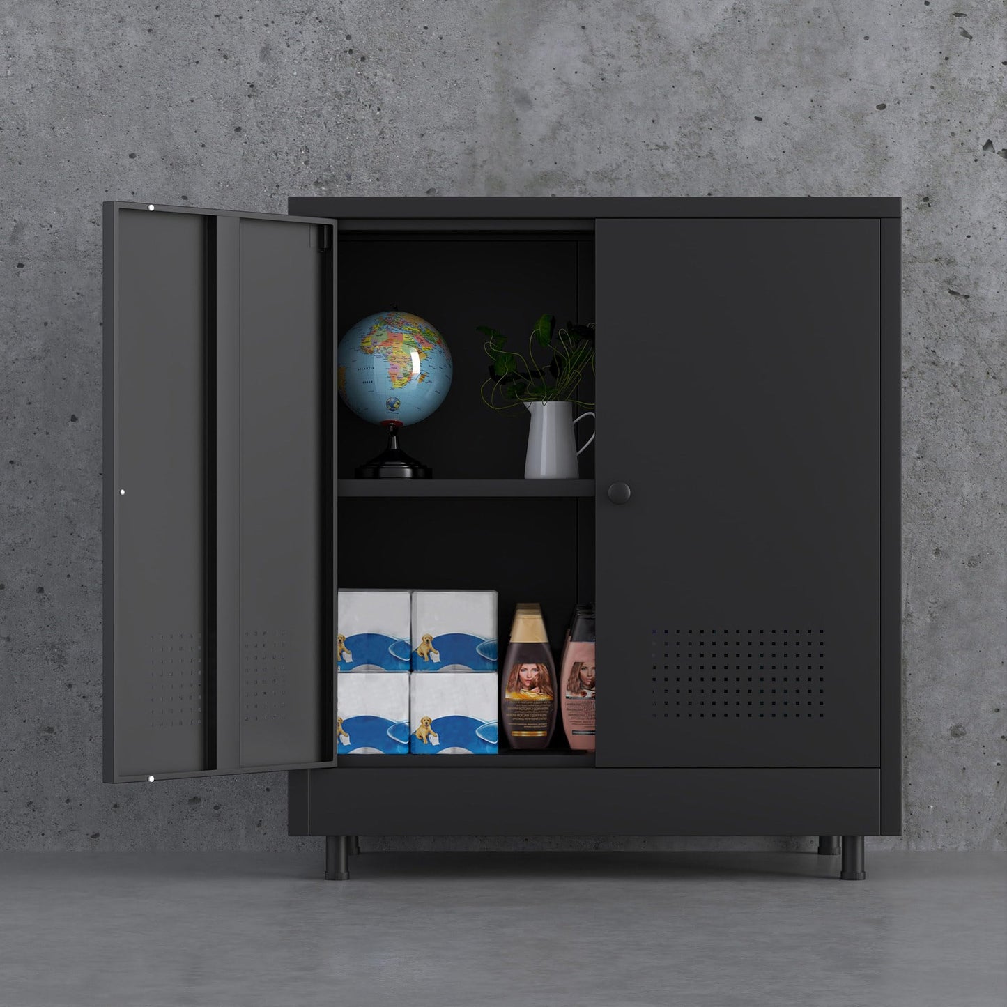 JINKUR Metal Storage Cabinet with 2 Doors and Adjustable Shelf, Steel Accent Sideboard Buffet Cabinet for Home, Office, Garage, Entryway, Living Room, Kitchen Pantry and Dining Room (Black)