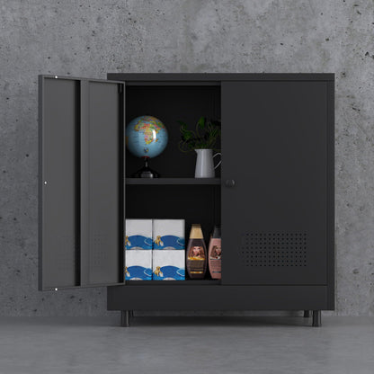 JINKUR Metal Storage Cabinet with 2 Doors and Adjustable Shelf, Steel Accent Sideboard Buffet Cabinet for Home, Office, Garage, Entryway, Living Room, Kitchen Pantry and Dining Room (Black)