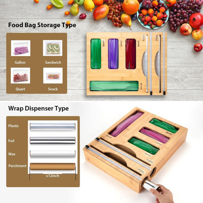 Storage Bag Organizer with Foil and Plastic Wrap Organizer , Aluminum Foil Dispenser with Cutter, Bamboo 6 in 1 Baggie Organizer Suitable for Gallon, Quart, Sandwich, Snack