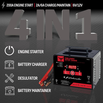 Schumacher Electric Farm & Ranch 6A Car Battery Charger and 200A Engine Starter, 4-in-1 Solution, Maintainer, 40A Boost, for 6V/12V Power Sport, Automotive, and Marine Batteries, FR01335