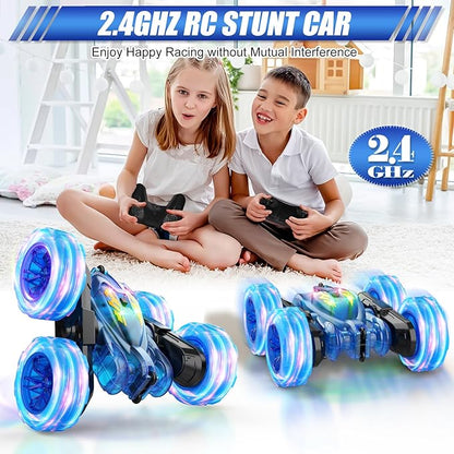 Remote Control CarStunt RC Cars For Kids with Colorful LightFast USB-C ChargingDouble-Sided 360° Rotating Rechargeable 4WD RC Truck Car Toys for Ages 5-7 Gift for Boys Girls Ages 8-12(Blue)