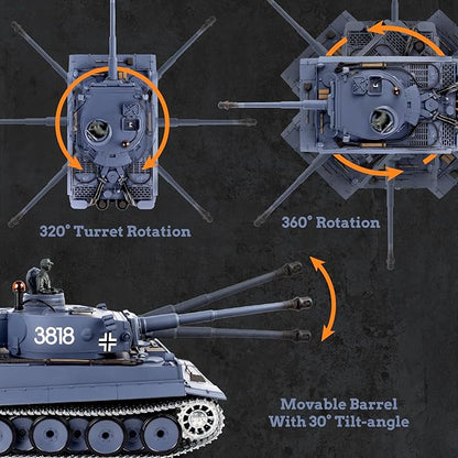 1/16 RC Tank Heng Long Metal Tiger I Army Toy with Smoke Sound and Lights Remote Control Tank That Shoots with Upgraded Metal Tracks Idler and Sprocket Wheel Steel Gearbox Batteries*2