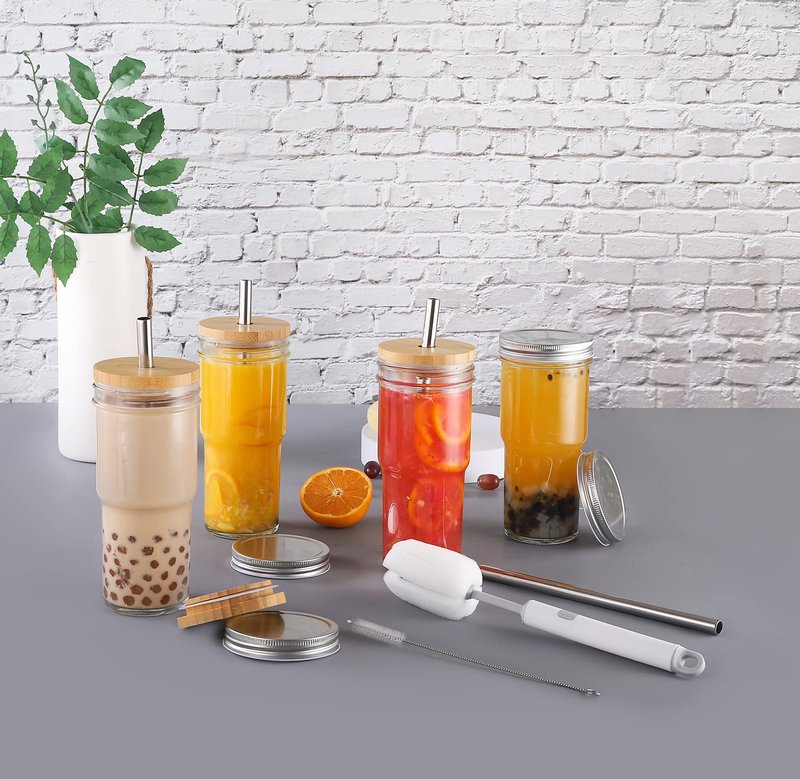 ASANMEYO 4 Pcs 24 oz Glass Cups With Bamboo Lids and Straws & 4 Airtight Lids, Reusable Smoothie Cups Mason Jar Drinking Glasses Iced Coffee Cups Glass Tumbler for Bubble Tea, Juice, Gift
