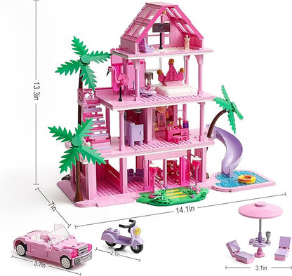 Girls House Building Sets Compatible with Lego Friends for Girls Age 8-12 4-Story Pink Villa Building Blocks Toys with Pull-Out Floors 903 Pieces Great Birthday Gift for Girls 8-14