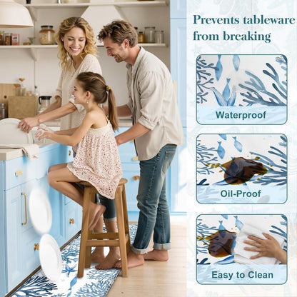 Kitchen Mats for Floor Cushioned Anti Fatigue Sets of 2 Coastal Kitchen Rugs Non Slip Waterproof Nautical Foam Kitchen Floor Rug Beach Theme Coral Fish Comfort Standing Mat for Sink Laundry, Blue