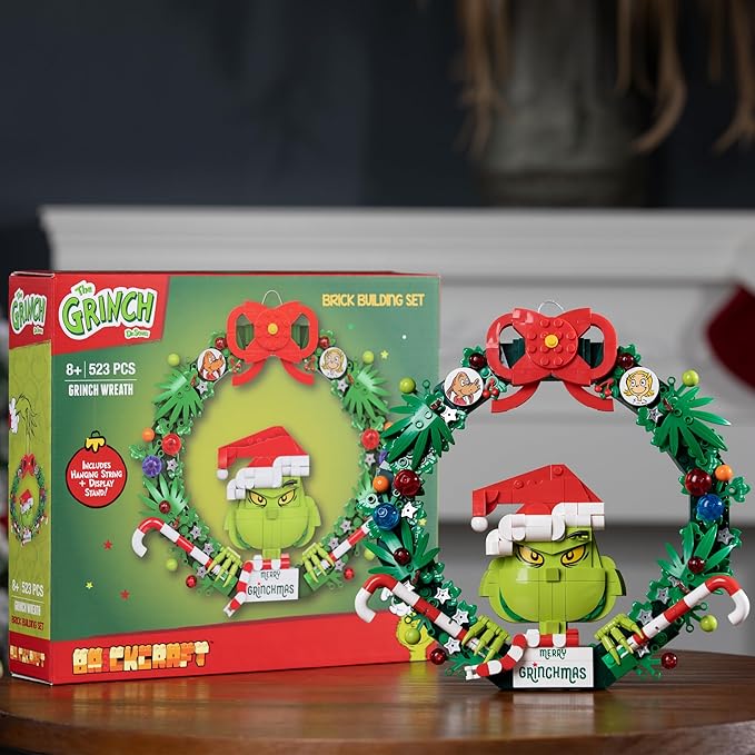 Brickcraft Grinch Wreath Brick Building Blocks Kit 523 PCS Christmas Holiday Décor Fun Hanging Display &amp DIY Decoration Perfect for Kids Teens &amp Adults Festive Grinchmas Collectible Xmas