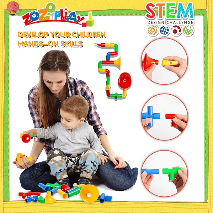 ZOZOPLAY STEM Toys Tube Locks 72 Piece Tubular Pipes &amp Spouts &amp Joints &amp Whistles &amp Trumpet Toy Learning Educational Building Block Set with Whistles Gift for Boys Girls