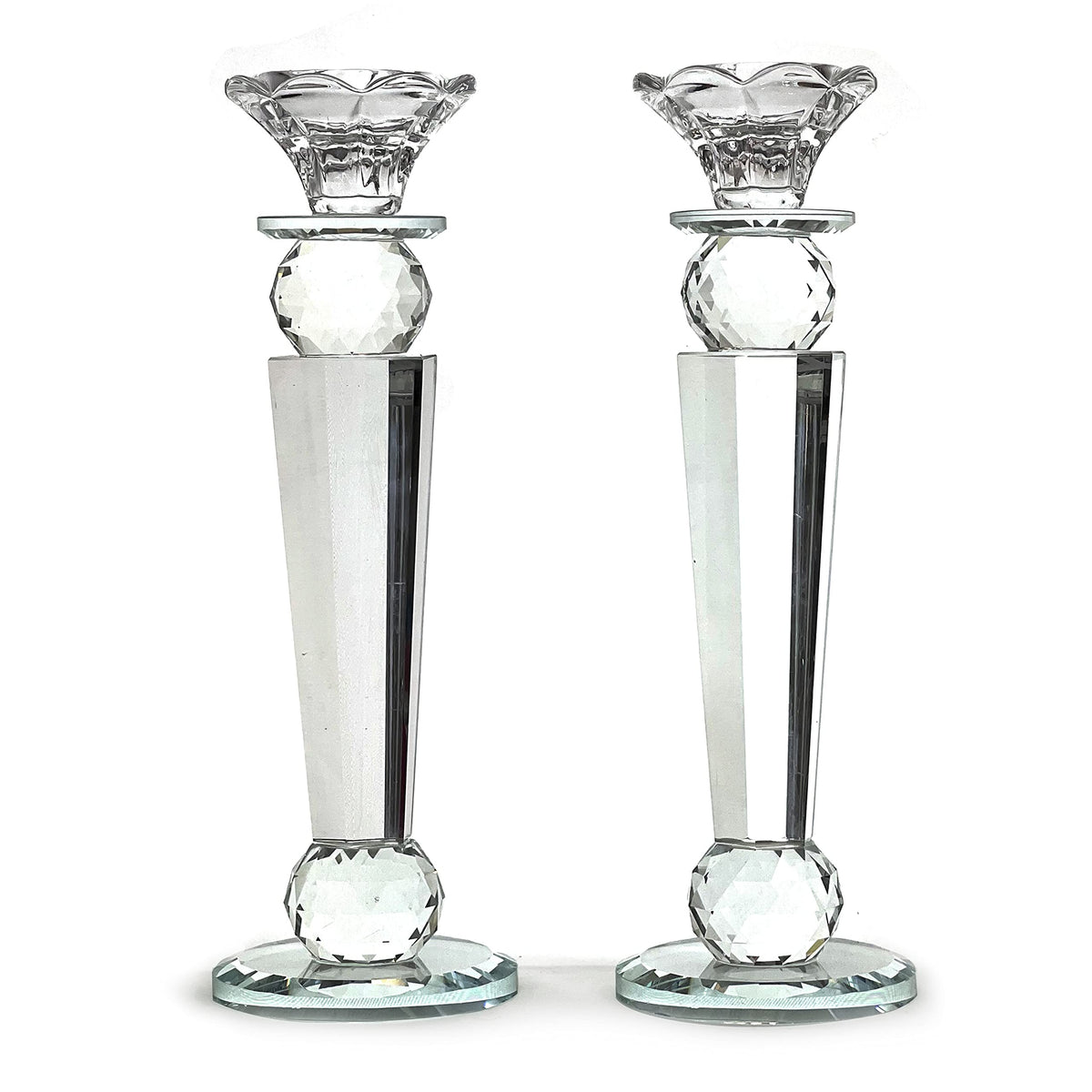 Allgala Set of 2 Crystal Glass Made Reverse Tapered Pillar and Hand Crafted Ball Candlesticks-10-HD89152