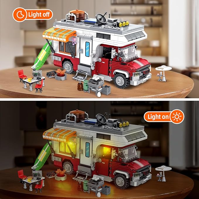 Camper Van Building Set Compatible with Rvs Camper Vehicles Summer Beach Holiday Camping Car Building Toy with Light Gift for Adults and Boys Girls Kids Teens 8-12 (924 PCS)