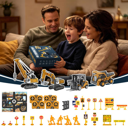4 PCS RC Construction Vehicles Set with Mini Excavator dump truck Forklift and crane USB Charge Real Lights & Sounds and Movable Parts & Traffic Sign Simulate True Scale Birthday Gifts for Kids Adults