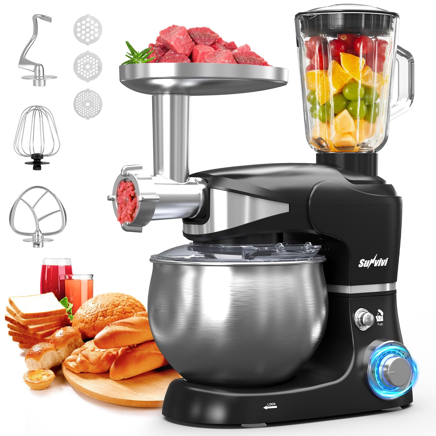 Sunvivi 6-in-1 Multifuctional Stand Mixer, 6.5QT Tilt-Head Dough Mixer, Electric Stand Mixer with Stainless Steel Bowl for Cake, Bread, and Dough, with Meat Grinder, Juice Blender & Pasta Maker