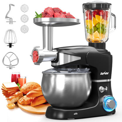 Sunvivi 6-in-1 Multifuctional Stand Mixer, 6.5QT Tilt-Head Dough Mixer, Electric Stand Mixer with Stainless Steel Bowl for Cake, Bread, and Dough, with Meat Grinder, Juice Blender & Pasta Maker
