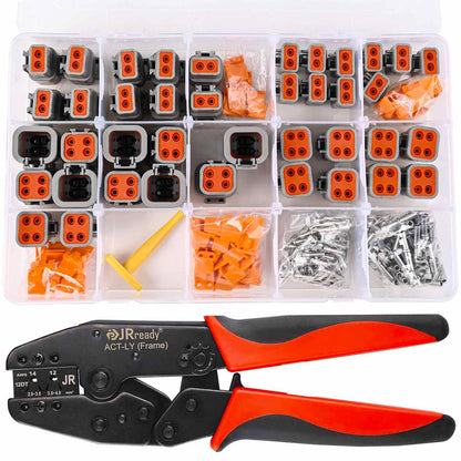 JRready ST6337 Deutsch DTP Connector Kit with Crimper, 2 4 Pin Waterproof Connectors 10 Sets with Ratcheting Terminal Crimping Tool, Size 12 Stamped Contacts 14-12 AWG, Deutsch Pin Removal Tool