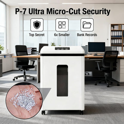 Trishintage Heavy Duty Paper Shredder: 7 Sheets P-7 Ultra Micro-Cut 3/64''*5/64'' Shreds Credit Cards & CDs 30 Min Continuous Run 6-Gallon Bin High-Security Commercial for Home Office Business Bank