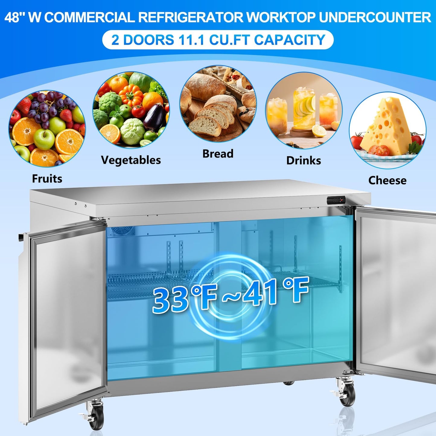 Rockitch 48" W Commercial Undercounter Refrigerator, 11.1 Cu.ft Stainless Steel Worktop Refrigerator, 2 Doors Fan Cooling Kitchen Fridge with Adjustable Shelves for Restaurant Food Prep, ETL Approved