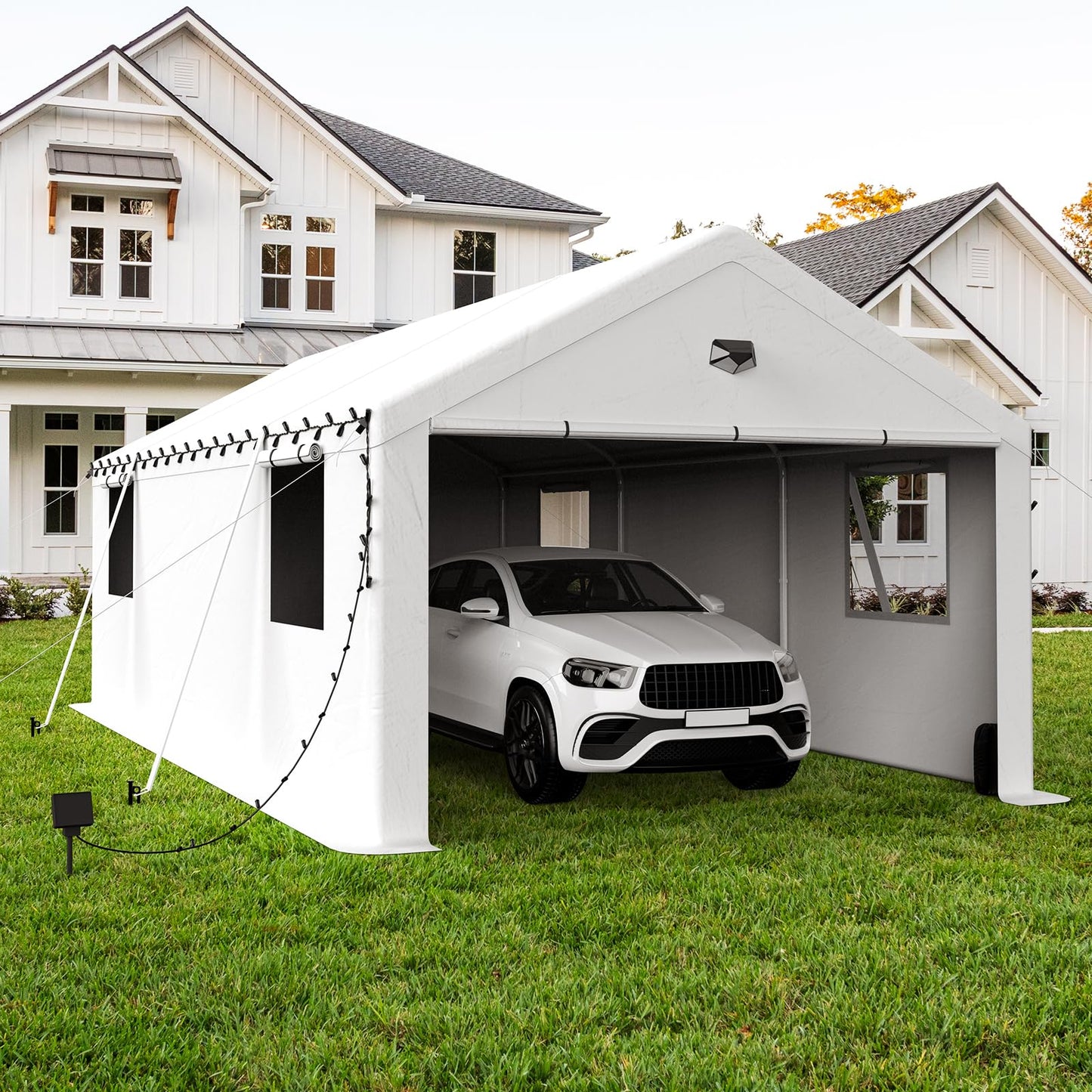 Benass 13x25 FT Heavy Duty Carport Canopy, Drive-Through Portable Garage with Roll-up Doors, Screened Windows, Removable Sidewalls, All-Weather Waterproof Shelter for SUV, Boat & Outdoor Storage