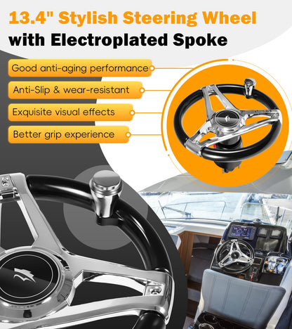 𝐔𝐩𝐠𝐫𝐚𝐝𝐞 200HP Hydraulic Outboard Steering Kit Boat Marine System with Electroplated Steering Wheel, Helm Pump, Hydraulic Cylinder, 26ft PU Hoses, Fit for Most Single Outboard-Powered Boats
