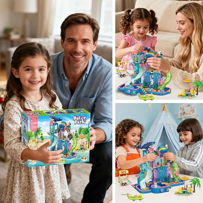 1150Pcs Friends Water Park Building Set STEM Summer Fun Party Toy with Swimming Pool SlidesWater CanonsDiving PlatformAnimal Pretend Play Kit for kids Birthday Gifts for Girls Ages 6-12+