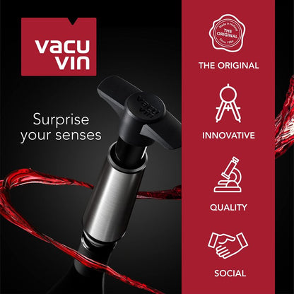 Vacu Vin Wine Saver Pump Red with Vacuum Wine Stopper - Keep Your Wine Fresh for up to 10 Days - 1 Pump 2 Stoppers - Reusable - Made in the Netherlands