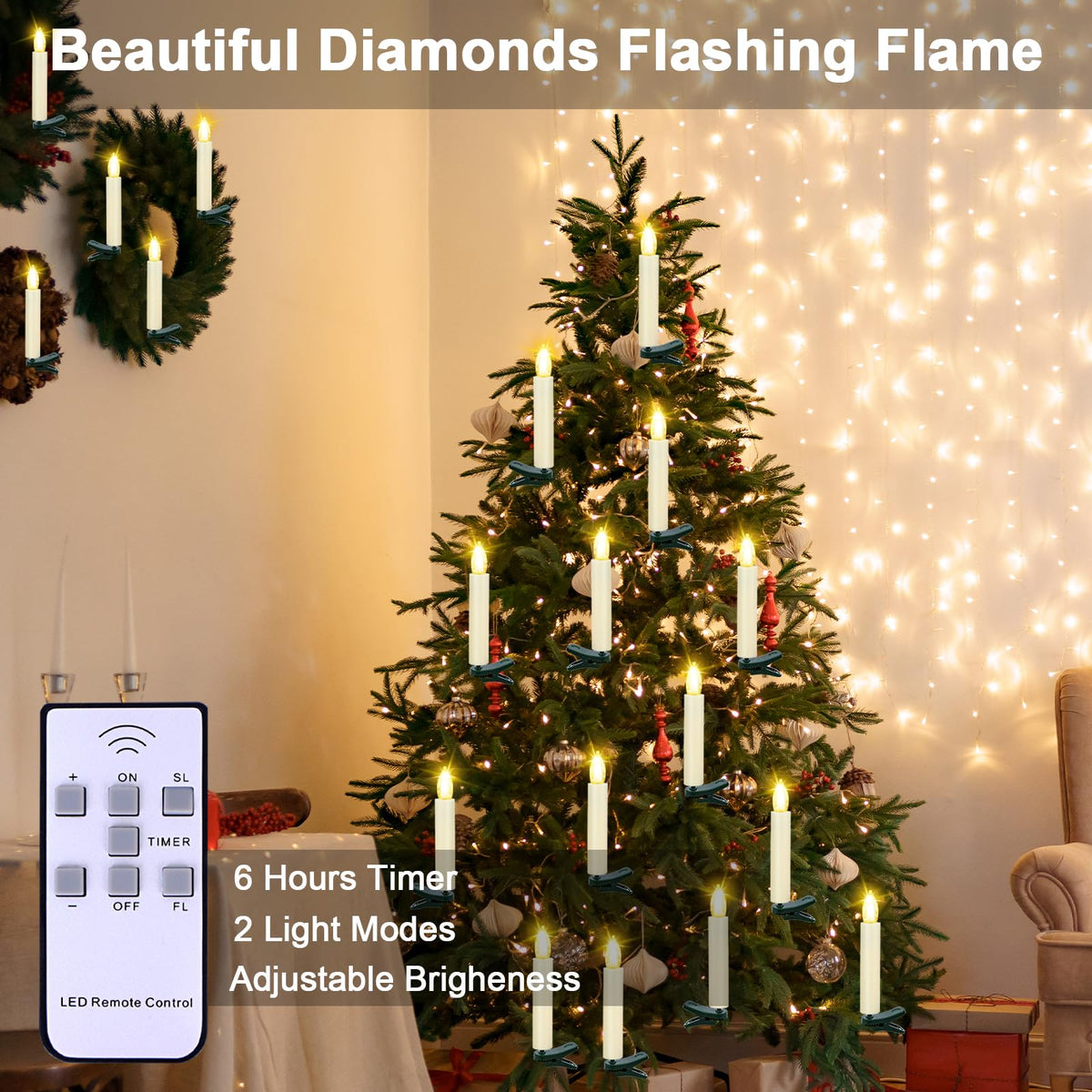 Kuandawei LED Christmas Candles, Flickering Clip on Candles for Christmas Tree, Battery Operated with Remote Timer, Warm White Light, Flameless Taper Candle for Home Christmas Decor, Set of 20