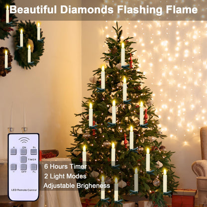 Kuandawei LED Christmas Candles, Flickering Clip on Candles for Christmas Tree, Battery Operated with Remote Timer, Warm White Light, Flameless Taper Candle for Home Christmas Decor, Set of 20