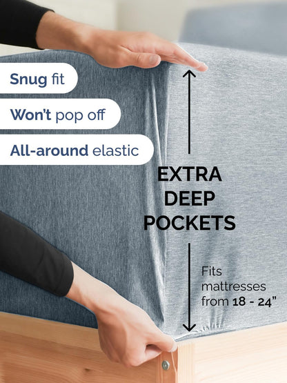 Skiennix Extra Deep Cal King Sheet Set - 6-Piece Breathable Cooling Luxury Bedding - Soft Wrinkle-Free Heathered Blue