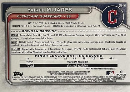 NEW 2024 Bowman Chrome YAIKEL MIJARES Authentic AUTOGRAPH 1st Bowman Baseball Rookie Card TRUE BLUE REFRACTOR SERIAL #066/150 - Washington Guardians