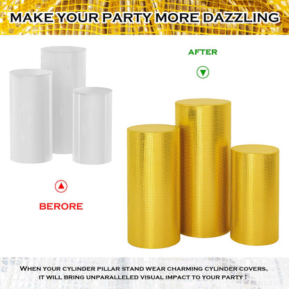 SaitiMade Set of 3 Gold Cylinder Pedestal Stand Covers, 3pcs Spandex Disco Cylinder Stand Covers for Party, Wedding or Birthday Event Decor (Only Contains Cylinder Covers)