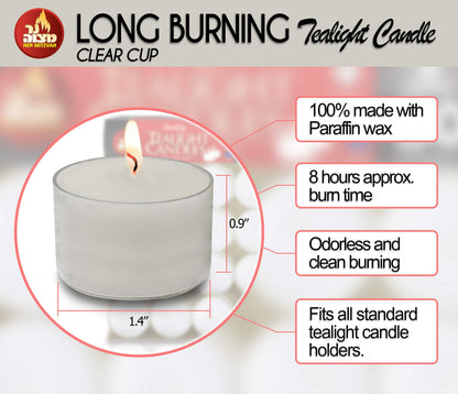 Ner Mitzvah Long Burning Tealight Candles - 8 Hours - White in Clear Cups - Unscented - 80 Pack - Made in EU