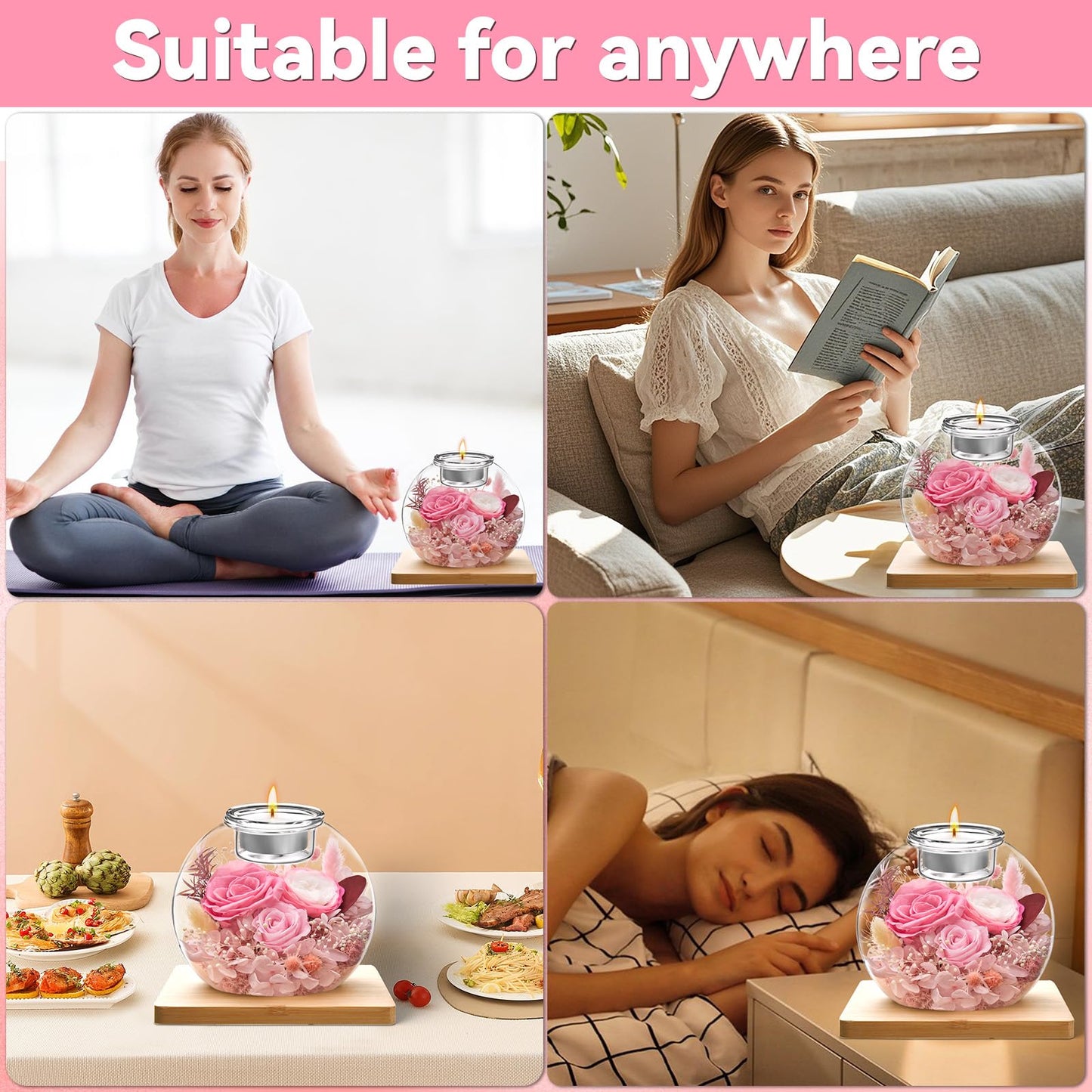 Preserved Flowers in Glass Dome with Candle Holder, Real Roses Eternal Flower Arrangement, Scented Candle Gift Set with 18 Candles for Women Mom Wife Birthday Mother's Day Valentine's Day (Pink)