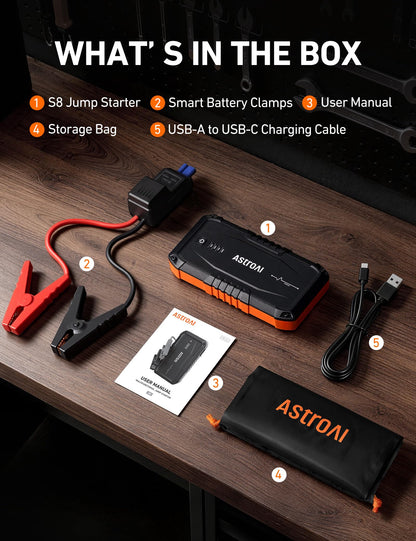 AstroAI S8 Car Battery Jump Starter, Car Jumper Starter Battery Pack for Up to 6.0L Gas & 3.0L Diesel Engines, 12V Portable Jump Box with 3 Modes Flashlight and Jumper Cable (Orange)