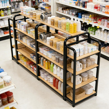 DioOnes 51" Modern Gondola Shelving Unit, Heavy-Duty Double-Sided Retail Display Rack, Premium Wood & Metal Store Fixtures for Boutique, Pharmacy, Pet Store, Commercial Merchandise Stand (Island Unit)