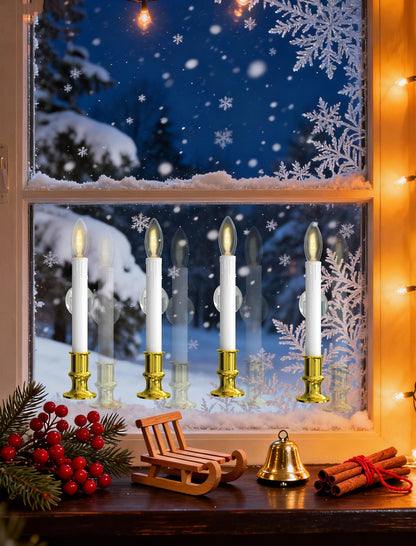 Romasaty 4 Pack Christmas Window Candle Lamps, Battery Operated Window Candle Lights with Automatic Timer and C26 3V LED Bulbs Candlestick for Indoor Windows Table Decor, 4 Suction Cups
