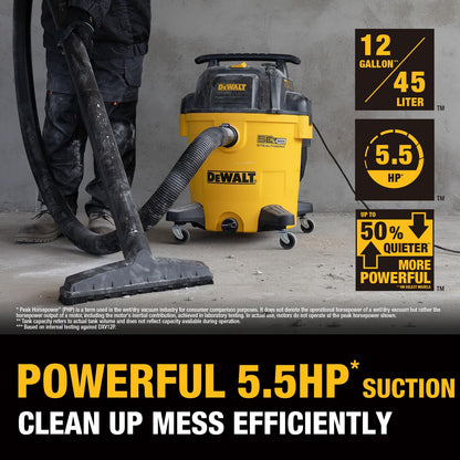 DEWALT 12 Gallon STEALTHSONIC Shop Vacuum Wet and Dry, 5.5 Peak HP Ultra Quiet Shop Vac with Powerful Suction, Wet Dry Vacuum Cleaner DXV12P-QTE with 6 Dust Bags for Jobsite, Garage, Workshop & Auto
