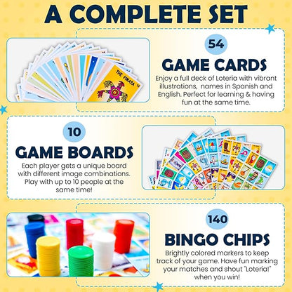 ELIASM Loteria Mexican Bingo Game - Bilingual English Spanish Game for 10 Players for Kids 5+ Adults &amp Seniors Educational Learning Game for Preschool Kindergarden Classroom Family Board Games