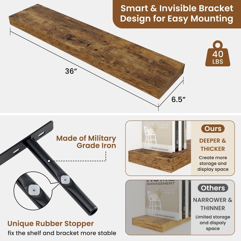 fuqing Floating Shelves for Wall, Wall Mounted Wood Floating Shelf with Invisible Brackets for Living Room, Bathroom, Bedroom, Kitchen Storage and Decor, 36 Inch Set of 2, Rustic Brown