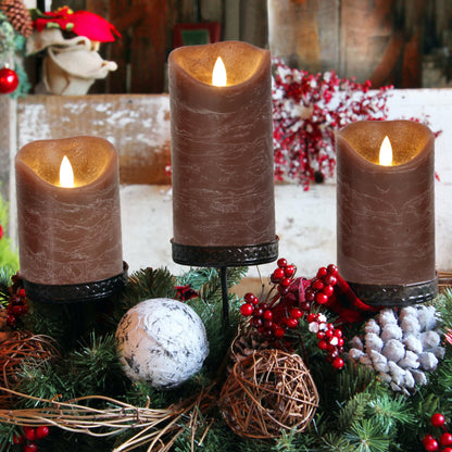 7LinRay Brown Flameless Candles with Remote, Real Wax Battery Operated LED Candles, Flickering Flameless Pillar Candles for Wedding, Festival, Set of 3