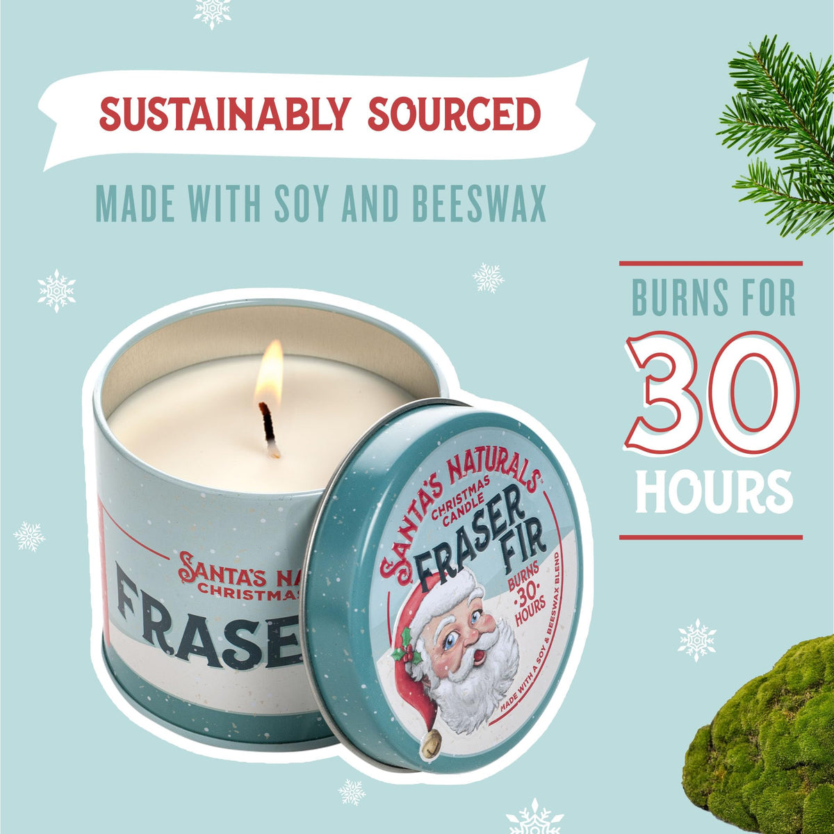 Santa's Naturals Fraser Fir Christmas Candles for Holidays & Gifts, Fresh Cut Tree Scent, Soy & Beeswax Blend, 30+Hour Burn, 9 oz, 2-Pack