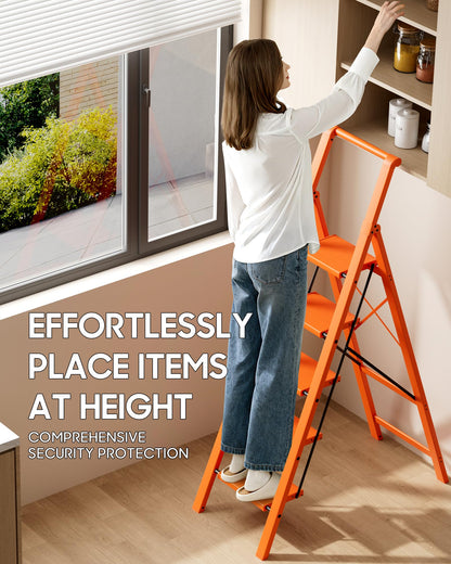 HillhutApex 5 Step Foldable Aluminum Step Ladder with Handgrip, Anti-Slip Pedal, 330 lbs Capacity, Lightweight & Portable for Home, Kitchen, Office, Garage (Orange)