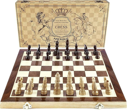 AMEROUS Chess Set 15x15 Folding Magnetic Wooden Standard Chess Game Board Set with Wooden Crafted Pieces and Chessmen Storage Slots