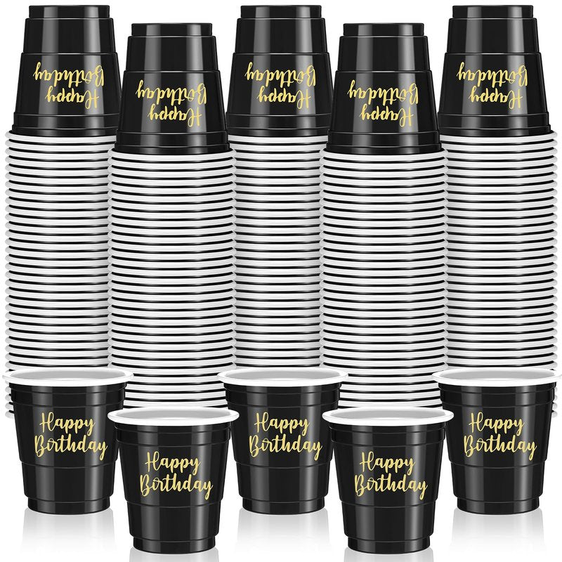Layhit 100 Pcs Happy Birthday Plastic Shot Glasses 2oz Disposable Shot Cups for Party Mini Drinking Cups for Birthday Wedding Party Favors Tasting Serving Snacks Samples(Black)