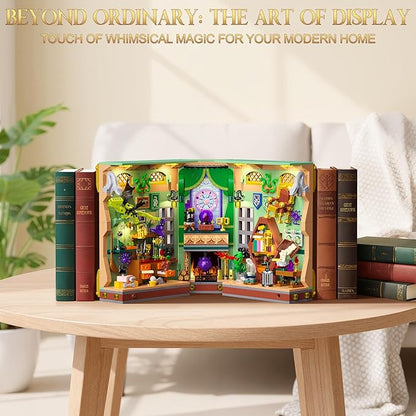 OKKIDY Magic Potion Book Nook Building Set with Light DIY Booknook Building Block kit for Home Decor Bookshelf 1033 PCS Miniature Bookend House Building Brick Toy Gift for Adult Kids Boy Girl Age 8+