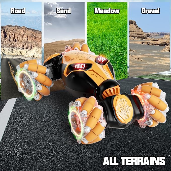 Gesture Sensing RC Car Hand Controlled Remote Control LED Car Toys for Kids 8-12 Years Old 2.4GHz 4WD Double Sided 360° Flips Off Road Vehicle Toys w/Lights&ampMusic Boys Grils Brithday Gift