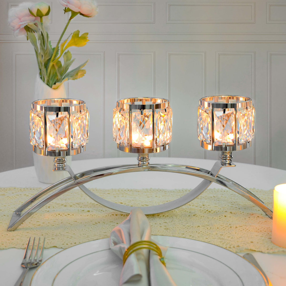 KEHAIL 3 Arms Crystal Candle Holders, Arch Candlestick Table Candelabras Centerpieces for Wedding, Dinning Room, Cabinet Ornaments, Home Decoration， Gift (Silver, 2 Pcs-3 Arm Arched)