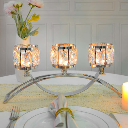 KEHAIL 3 Arms Crystal Candle Holders, Arch Candlestick Table Candelabras Centerpieces for Wedding, Dinning Room, Cabinet Ornaments, Home Decoration， Gift (Silver, 2 Pcs-3 Arm Arched)