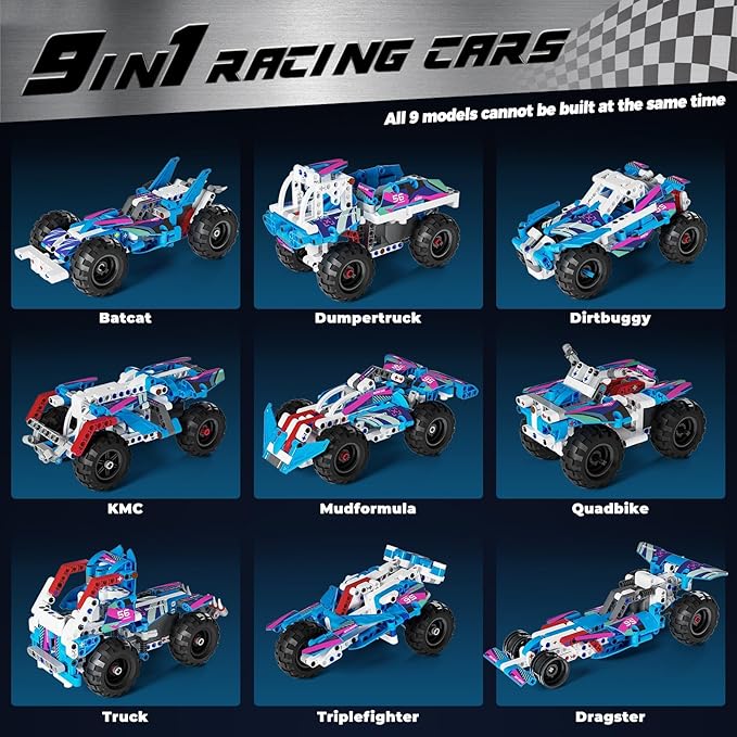 Technic 9 in 1 Pull-Back Car Building Set - Off-Road Race Vehicle Models for Boys and Girls STEM Engineering Toy for Kids Ages 8 and Up | Ideal Gift for Birthdays